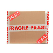 Cardboard box with fragile tape and stickers on a white background