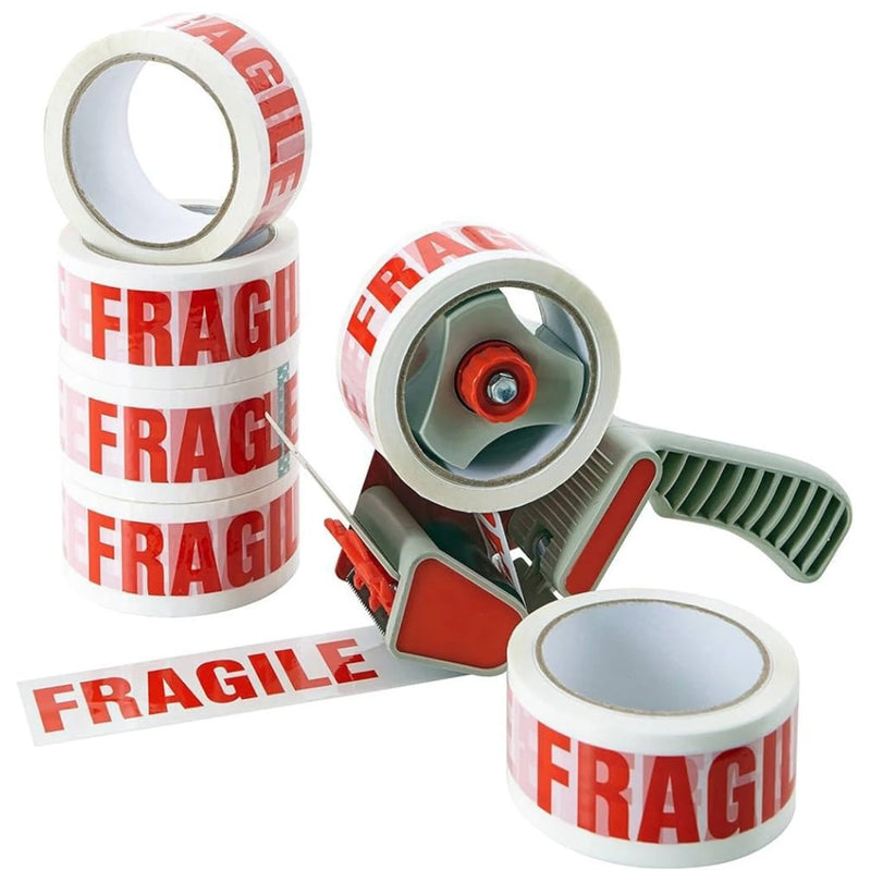 six rolls of fragile tape with a tape gun on a white background
