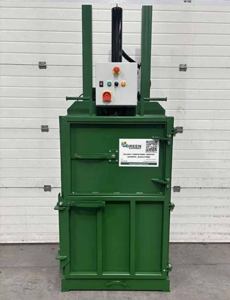 front view of a GE100 cardboard baler in a warehouse environment