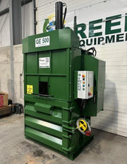 front and left side view of a GE500 cardboard baler in a warehouse environment