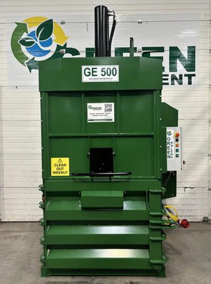 front view of a GE500 cardboard baler in a warehouse environment
