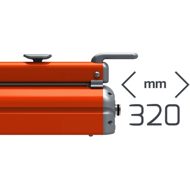 closeup of a Hacona C320 Heat Sealer with black text displaying that it seals up to 320mm width on a white background