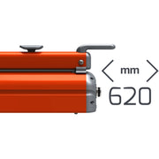 closeup of a Hacona C620 Heat Sealer with black text explaining that it seals widths up to 620mm on a white background