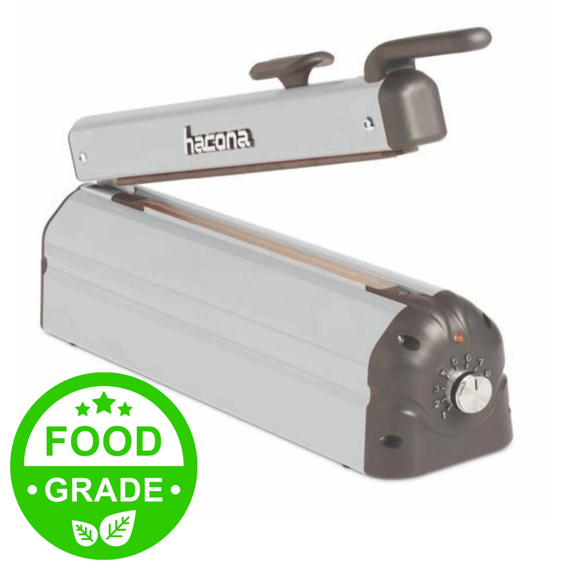 Hacona CI-320 heat sealer on a white background with a geen logo showing it is food grade