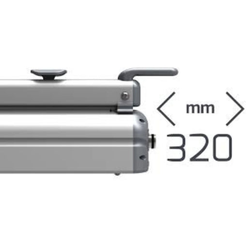 Closeup of a Hacona CI320 inox Heat Sealer displaying black text that shows it seals up to 320mm wide on a white background