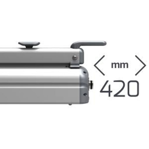 Closeup of a Hacona CI420 inox Heat Sealer with black text showing that it seals up to 420mm wide on a white background
