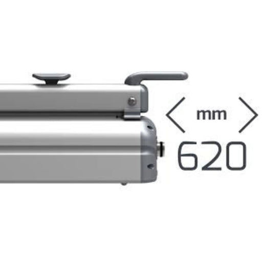 Closeup of a Hacona CI620 Heat Sealer with text explaining that it seals up to 620mm wide on a white background