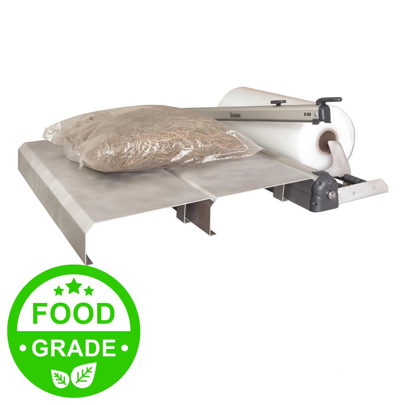 Hacona heat sealer with working table and bag holder on a white background with a geen logo showing it is food grade