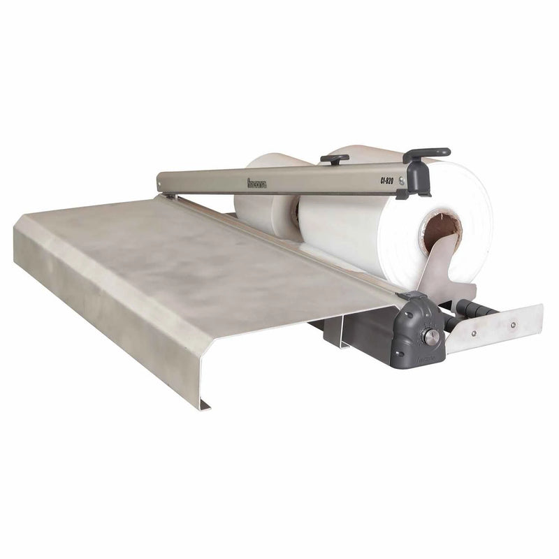 Image of a CI-type inox food grade Hacona Heat Sealer with working table and bag holder on a white background
