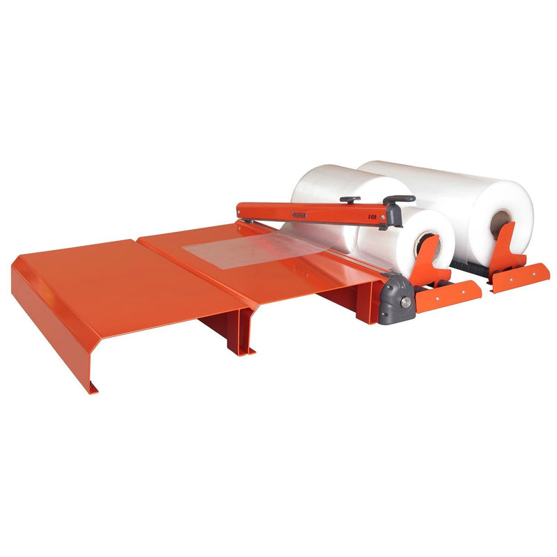 A Hacona Heat Sealer with double working table and two roll holders on a white background