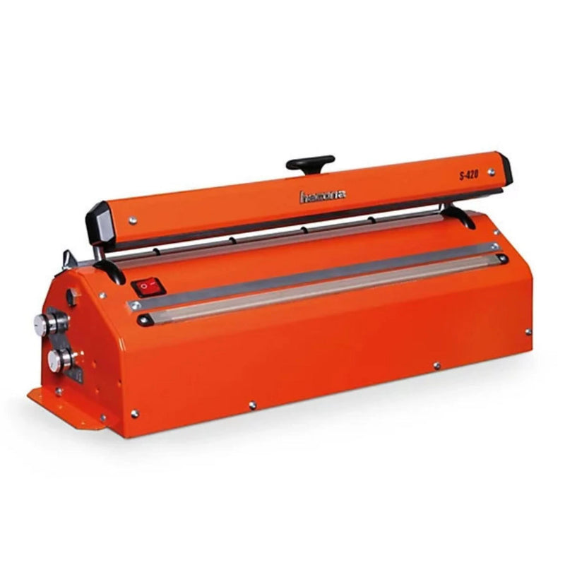 An orange Hacona S-420 industrial impulse sealer machine with a closed sealing bar, designed for sealing bags.