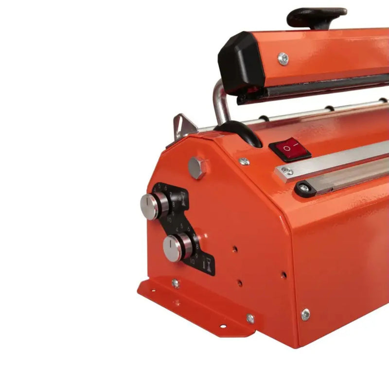 Closeup of the side of a Hacona S420 Heat Sealer on a white background