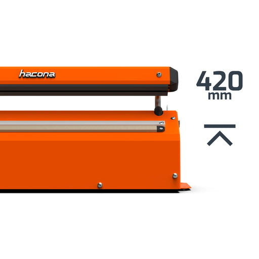 Closeup of the Hacona S420 Heat Sealer with text showing it is 420mm on  a white background