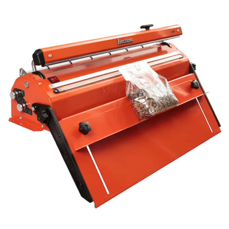 Orange Hacona S Type Heat Sealer with a table support on a white background