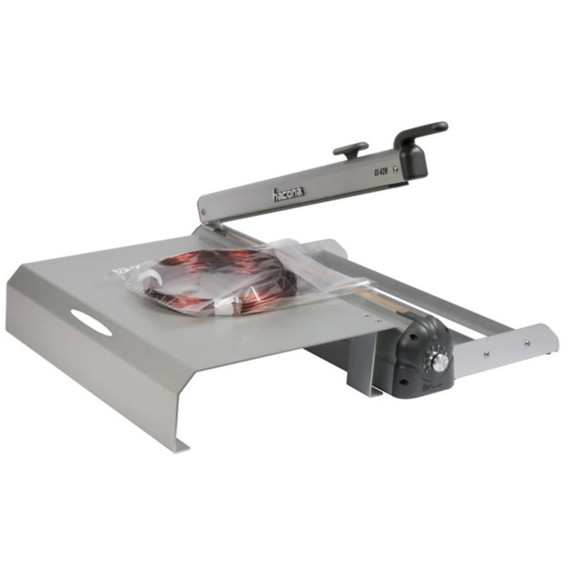 Hacona Inox Heat Sealer sealing a bag of wiring products on a white background
