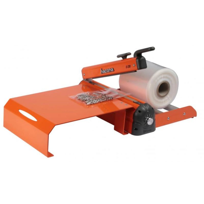 Hacona Heat Sealer with a modular bag holder and table with a sealed bag of screws on a white background