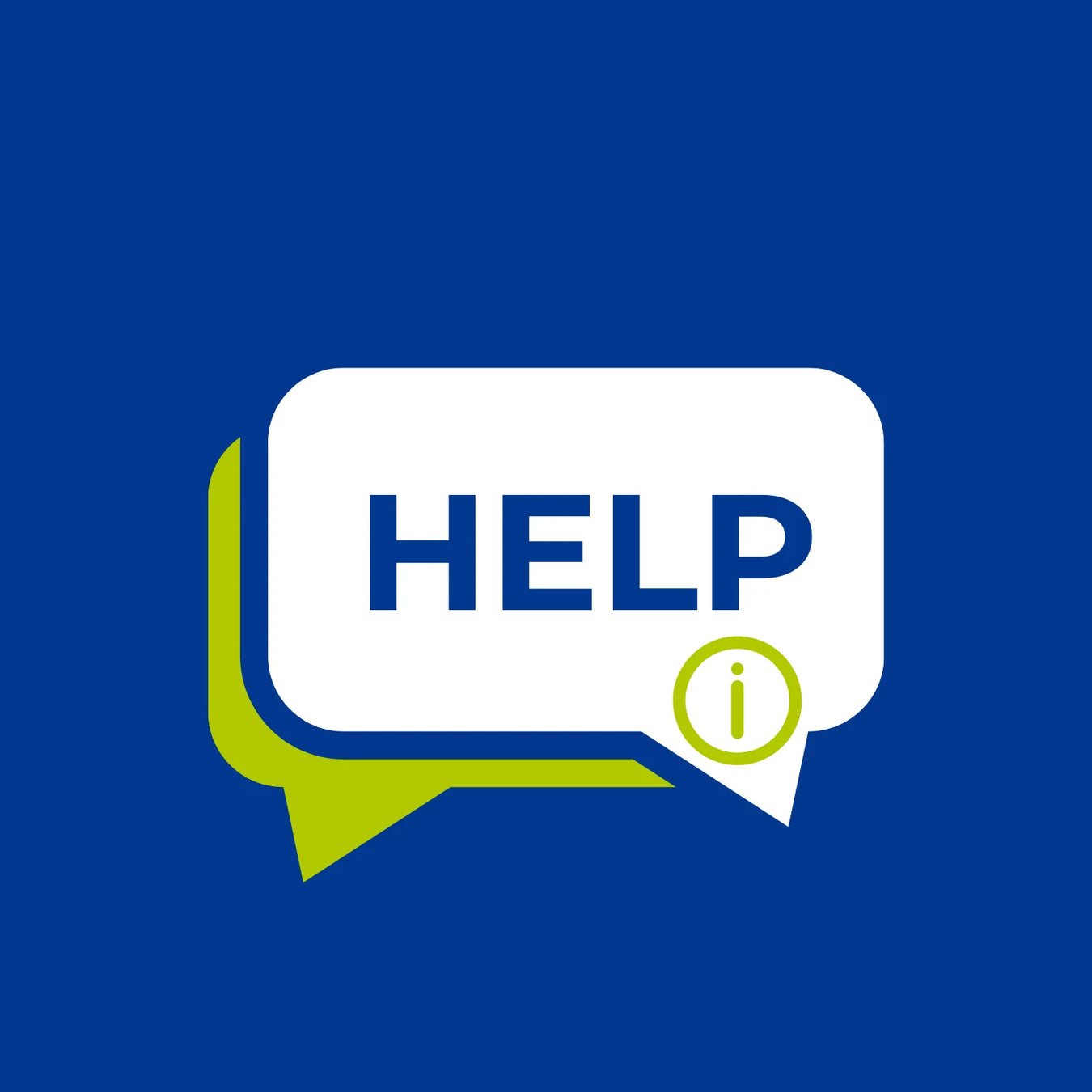 White speech bubble with 'HELP' text on a blue background