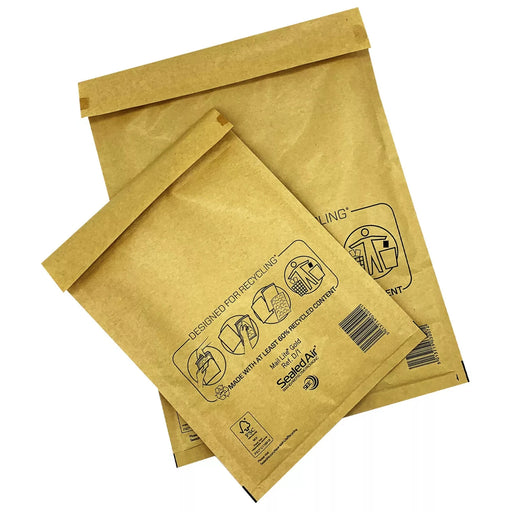 two empty brown Sealed Air Mail Lite padded envelopes on a white background