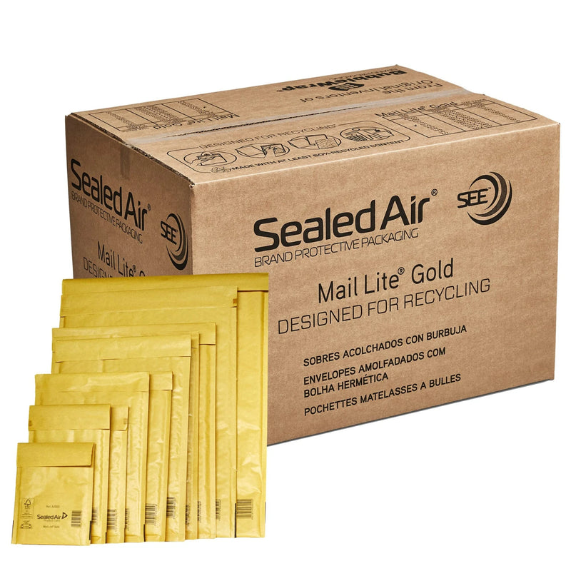 A box of Seal Air Mail Lite padded envelopes and a display of the different sizes of brown envelopes on a white background