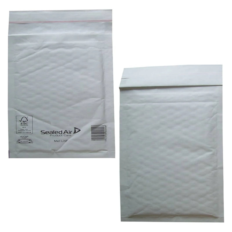 two white mail lite padded envelopes on a white background
