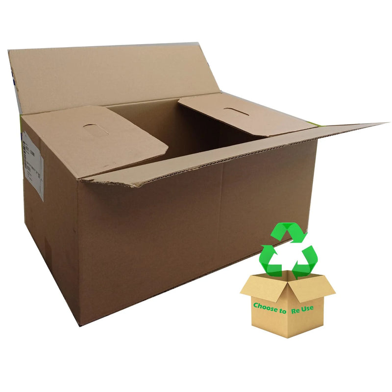 A medium single wall cardboard box that is pre-loved on a white background