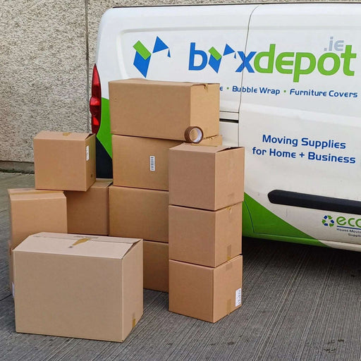 closeup of the Mini moving kit in front of the Box Depot van