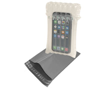 An inflated Bubl air cushioning pod containing a mobile phone and a grey poly mailer on a white background