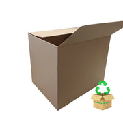 A brown cardboard box with its top flap open, shown on a plain white background. A small recycling-style graphic appears near the lower right corner.