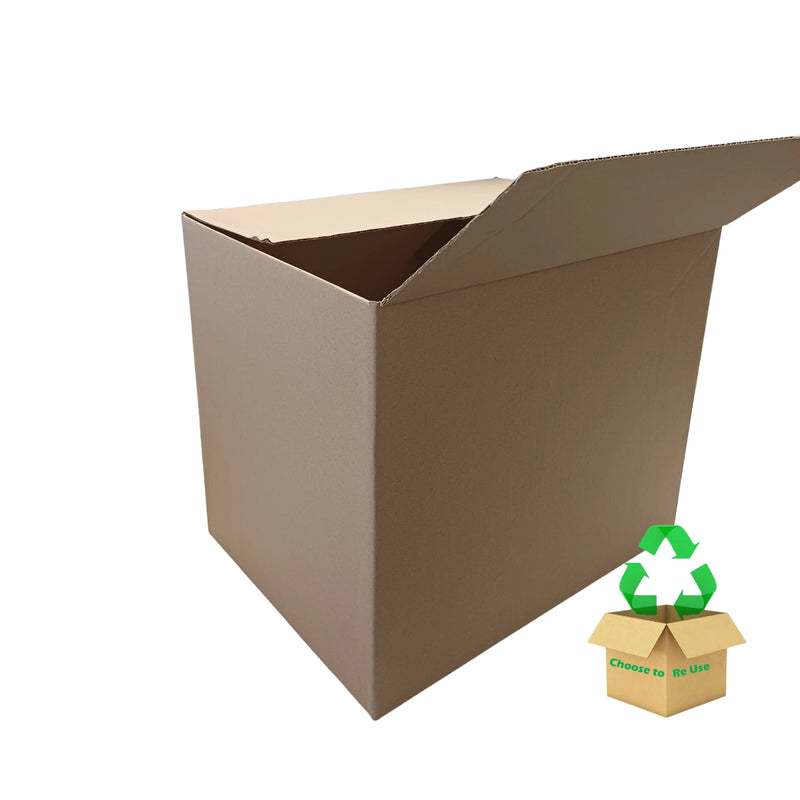 A brown cardboard box with its top flap open, shown on a plain white background. A small recycling-style graphic appears near the lower right corner.