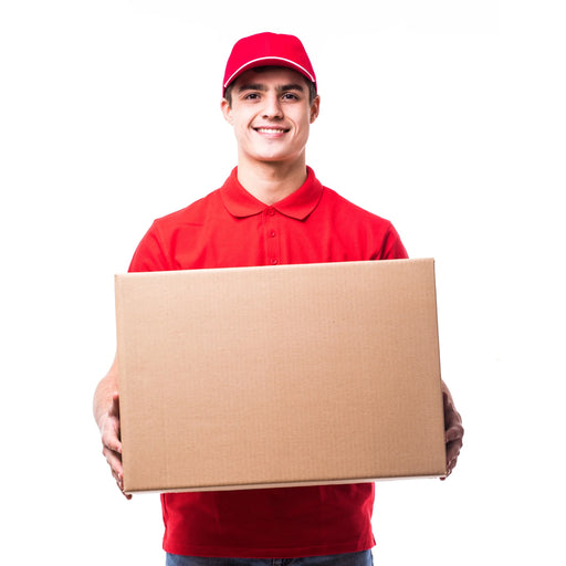 man in red uniform holding a cardboard box on a white background
