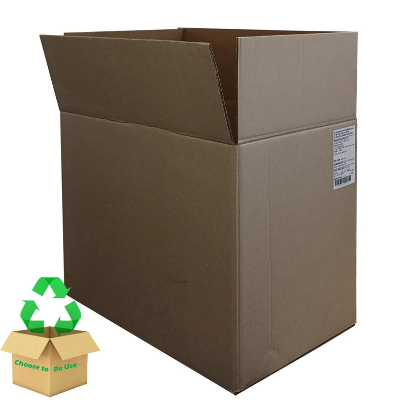 A large double wall cardboard box that is pre-loved and has a recycling symbol on it, indicating it is a reusable box.
