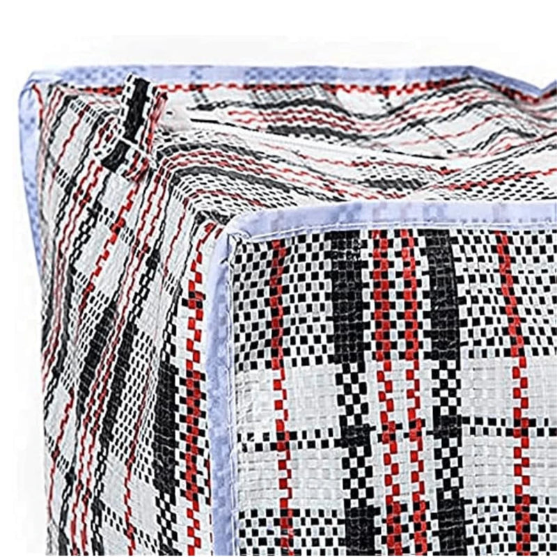 Closeup of the edging of a large plastic woven storage bag on a white background