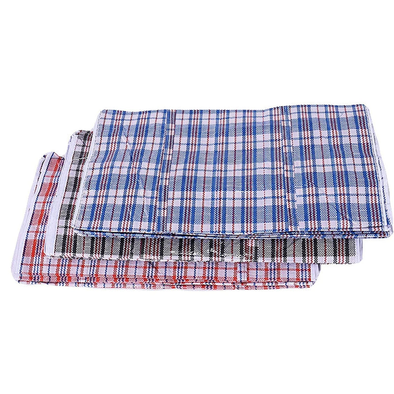 three plastic woven storage bags folded flat on a white background