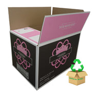 small pink and black cardboard box on a white background