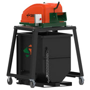 A Ssweed CE450DDX Strapping Chopper on a black stand above a plastic skip bin on a white background