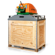 A Sweed CE450DDX Strapping Chopper sitting on an enclosed wooden pallet box on a white background