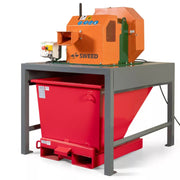 Sweed CE510 strapping chopper machine resting on a grey metal table with a red bin skip beneath it.