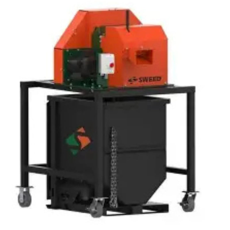 Sweed CE510 Strapping Chipper on a black metal frame with a plastic skip bin underneath on a white background