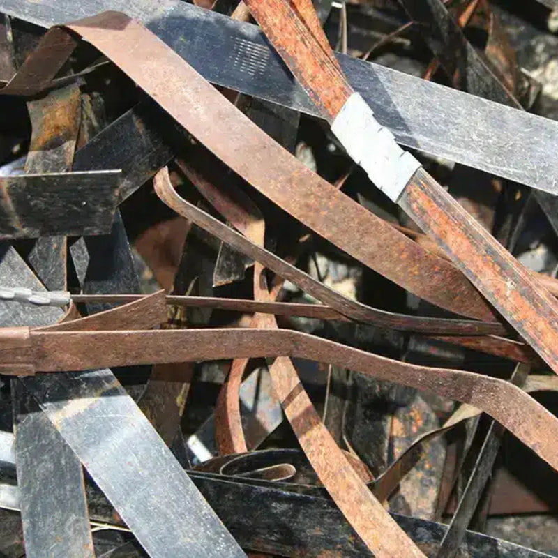 Close up image of metal banding and metal pallet strapping