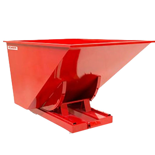 A bright red industrial self-dumping hopper made of metal, featuring a wide open top and a sturdy base mechanism for forklift handling on a white background.