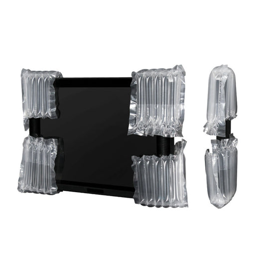 front view and side view of televisions with inflated corner protectors on a white background