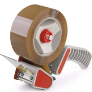 Brown sealing tape loaded into a tape gun on a white background