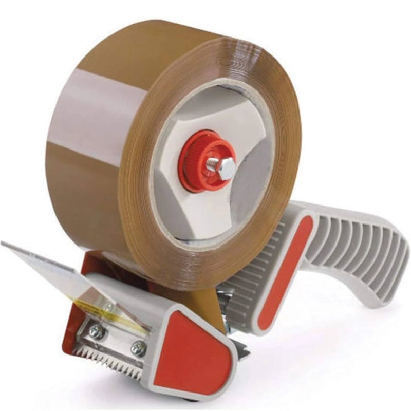 Brown sealing tape loaded into a tape gun on a white background