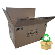 A large once-used preloved double wall cardboard box  with a small recycled symbol and an arrow forming a triangle on the bottom right corner.
