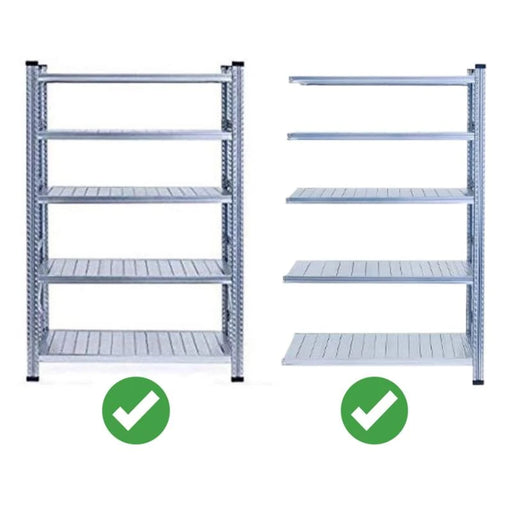 a boltless shelving system beside an addon shelving unit on a white background