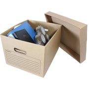 archive box filled with items and the lid beside it on a white background