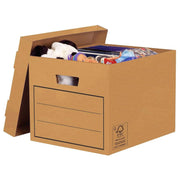 Brown cardboard archive storage box filled with items on a white background