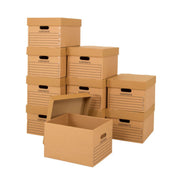 Stack of brown cardboard archive storage boxes on a white background