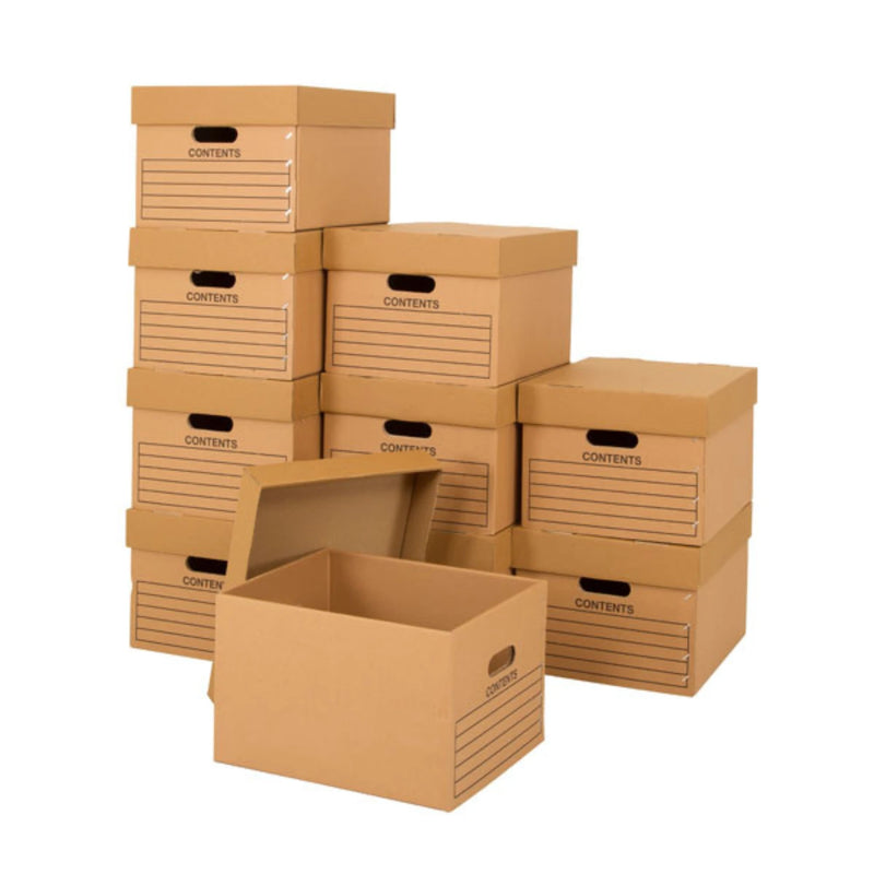 Stack of brown cardboard archive storage boxes on a white background