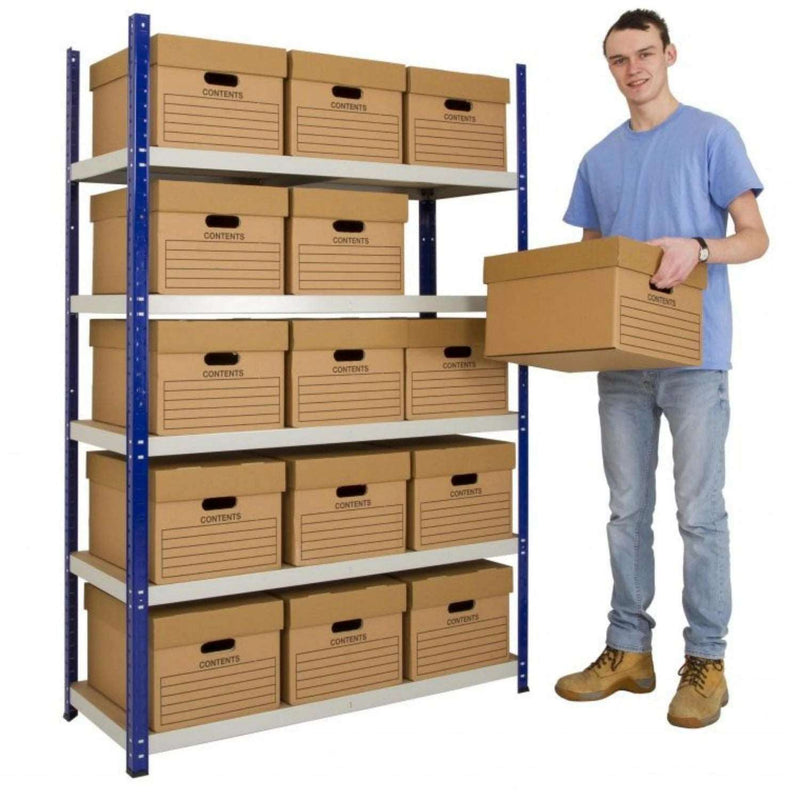 shelves stacked with archive boxes with a man holding an archive box